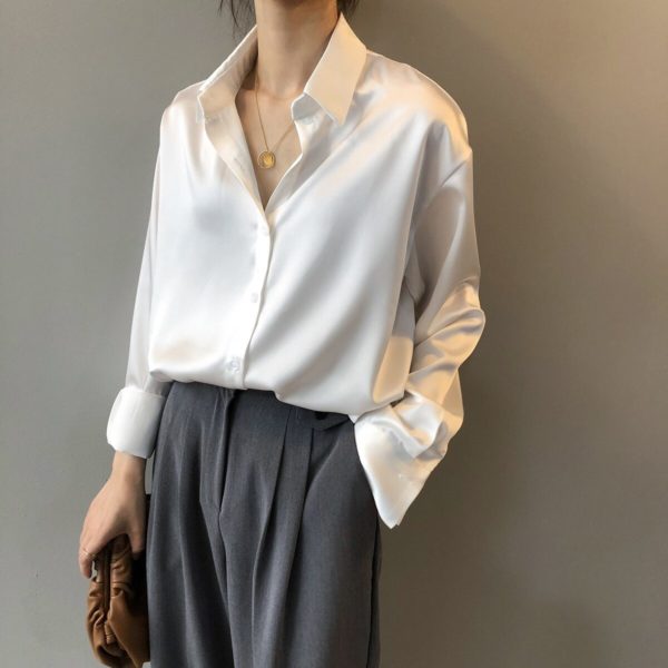 Yeeloca Spring Fashion Stain Silk Shirt Female Solid Color Office Lady Long Sleeve Blouse Korean Temperament Loose Shirt