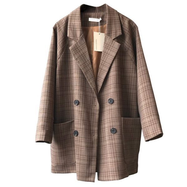 Yeeloca Spring New Style Plaid Suit Coat Women's Casual Loose Double Breasted Notched Coat Office Lady Straight Long Sleeve Top - Image 6