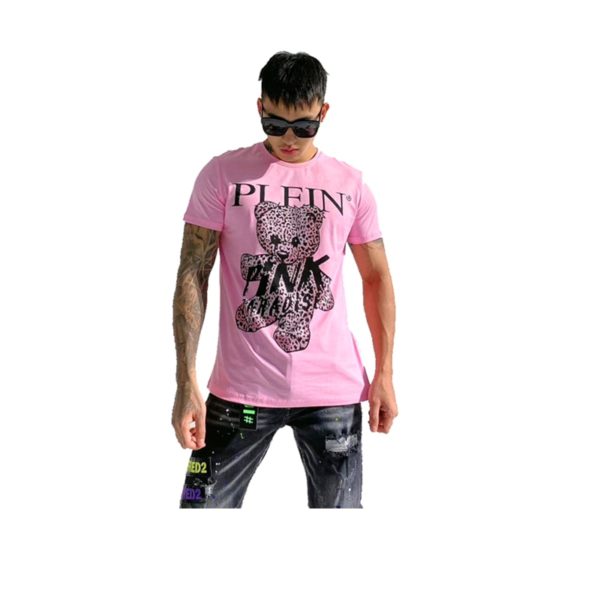 tshirt men cartoon rhinestones teddy bear plein embroidey summer casual wear cotton shortsleeve pink paradise men clothing new - Image 4