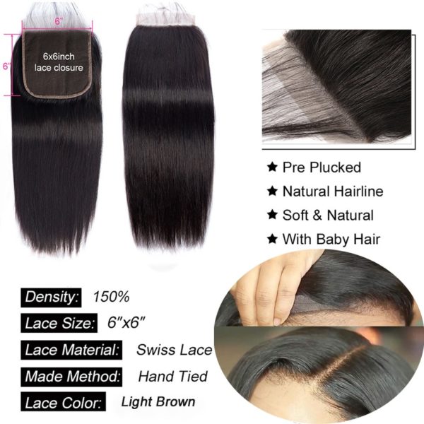 18 20 Inch 6x6 5x5 4x4 Lace Closure Only Remy 100% Human Hair 2x6 Peruvian Straight 613 Closure Pre Plucked - Image 2