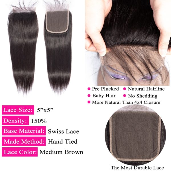 18 20 Inch 6x6 5x5 4x4 Lace Closure Only Remy 100% Human Hair 2x6 Peruvian Straight 613 Closure Pre Plucked - Image 3