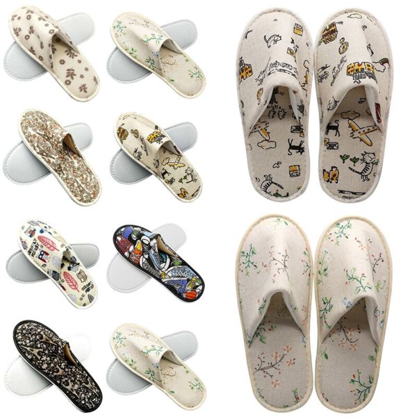 1PC Hotel Disposable Slippers Women Fashion Printed Linen Slippers Home Guest Flip Flop Beauty Wedding Room Salon Slippers - Image 3