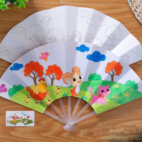 21cm Painting Summer Fan DIY Toys For Children Cartoon Animal Color Graffiti Origami Fan Art Craft Toy Creative Drawing Kids - Image 3