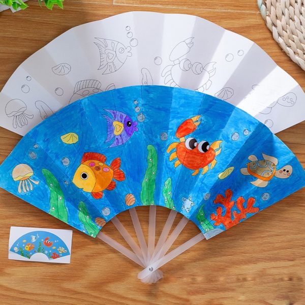 21cm Painting Summer Fan DIY Toys For Children Cartoon Animal Color Graffiti Origami Fan Art Craft Toy Creative Drawing Kids