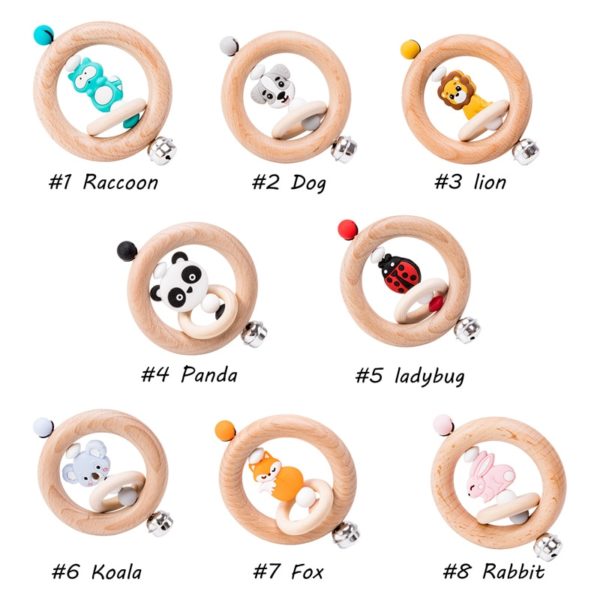 Baby Toys 1pc Silicone Beads Cartoon Rattle Teething Ring Of Beech Wood 0-12 Moths Children Christmas Gifts Stroller Let's Make - Image 2