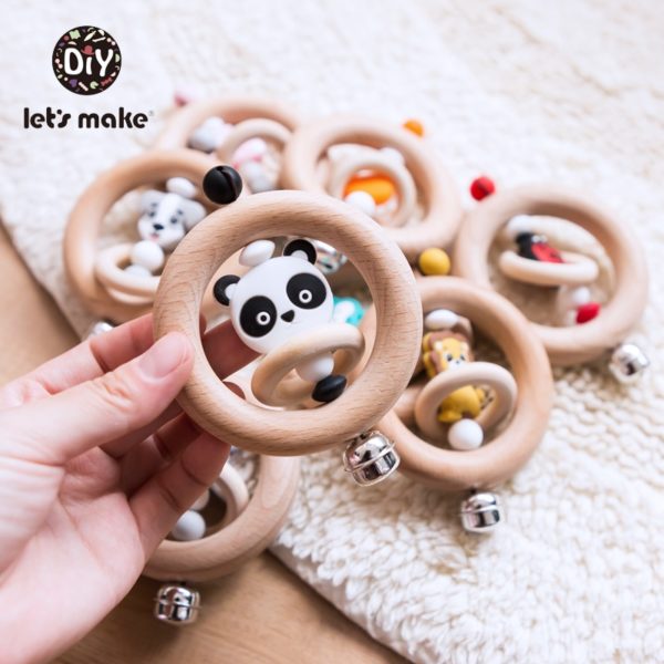 Baby Toys 1pc Silicone Beads Cartoon Rattle Teething Ring Of Beech Wood 0-12 Moths Children Christmas Gifts Stroller Let's Make