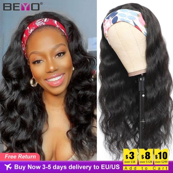 Body Wave Headband Wig Human Hair Wigs For Black Women Brazilian Scarf Wig No Gel Glueless Remy Hair Curly Human Hair Wig Beyo