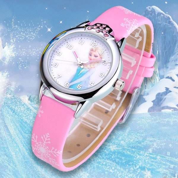 Disney Frozen Princess Pattern Children Watch Fashion Crystal Cartoon Leather Quartz Wristwatch for Girls Kids Toy Gift