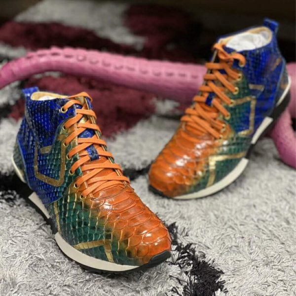 Handmade Luxury Autumn winter sports shoes Men‘s Python skin Sneaker Multi-color Leisure boots - Image 3