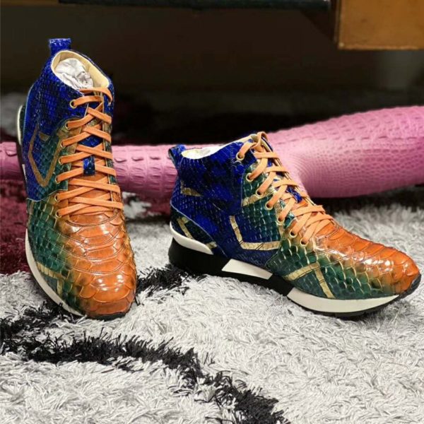 Handmade Luxury Autumn winter sports shoes Men‘s Python skin Sneaker Multi-color Leisure boots - Image 5