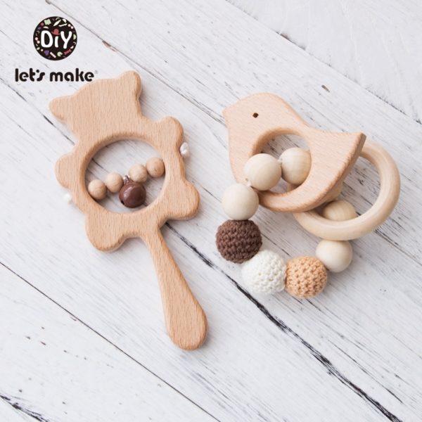 Let's Make 2PCS/Set Bed Bell Baby Toys Teether Wooden Rattles Bracelet Pacifier Chain Rodent Beading Beech Musical Newborn Toys