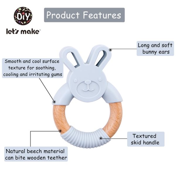 Let's Make Animal Silicone Teether Wooden Rabbit Ring 1PC BPA Free Accessories Teething Toys Food Grade BPA Free Baby Teethers - Image 2