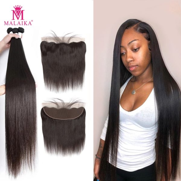 Malaika 30 32 34 40 Inch Straight Brazilian Hair Weave Bundles With Frontal Human Hair Bundles With Closure Remy Hair Extension