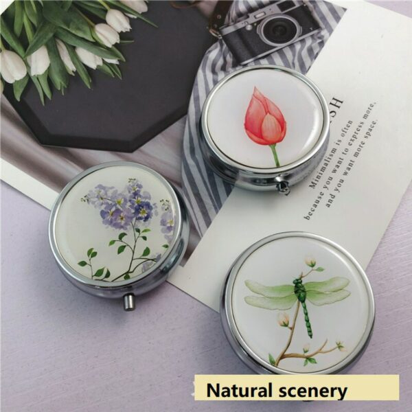 1PC Fashion Flower pattern Medicine Organizer Portable Pill Box Makeup Storage Container Folding Pill Case Metal Pill Cutte - Image 2