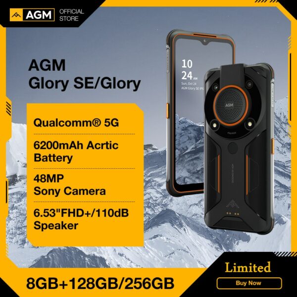 AGM Glory 5G Rugged Smartphone 6200mAh Rugged Phone Cellphones 6.53" 8GB 128GB/256GB Mobile Phones 48MP NFC Night Vision Camera