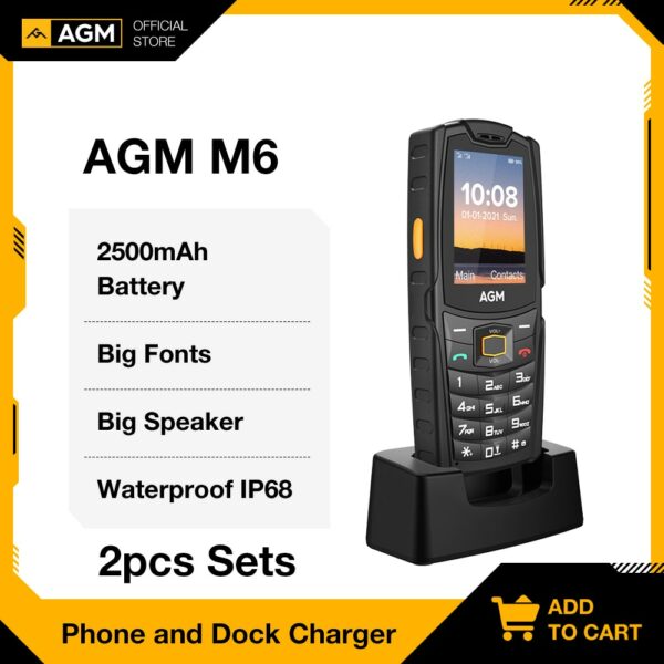 AGM M6 Featured Phone push-button phones IP68 Waterproof cellphone keypad Big Button Senior Phone with dock charger sets 2500mAh