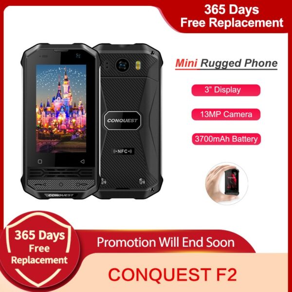 CONQUEST Mini Phone F2 IP68 Waterproof Rugged Smartphone Mobile Phone Fingerprint NFC Android 4G LTE Cheap Cell phone Cellphones