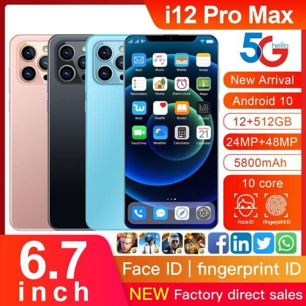 Celular I12 Pro Max 5G 5800mAh Global Version12GB 512GB Smartphone 6.7 Inch 10 Core Android 10 Cellphone Mobile Phone Unlock 4G