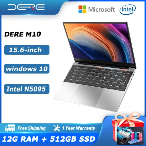 Dere Laptop MBook M10 15.6-inch Intel Celeron N5095 12G RAM 512GB SSD Dual band WiFi Gaming Laptop Portable Windows 10 Notebook