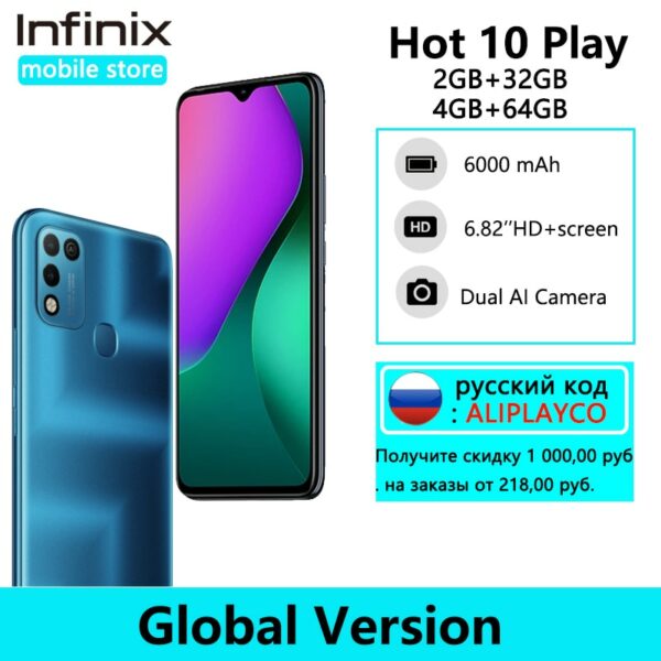 Global Version Infinix Hot 10 Play 6.82'' HD+ Display Smartphone 6000mAh Battery Helio G25 13MP AI Dual Rear Camera