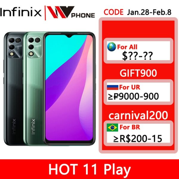 Global Version Infinix Hot 11 Play 6.82'' HD+ Display Smartphone 6000mAh Battery Helio G35 13MP AI Dual Rear Camera