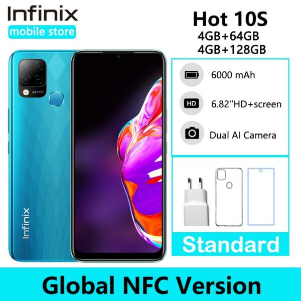 Global Version Infinix hot 10s NFC Support 4GB 64GB 6.82'' Display Smartphone Helio G85 48MP AI Rear Camera 5000mAh Battery