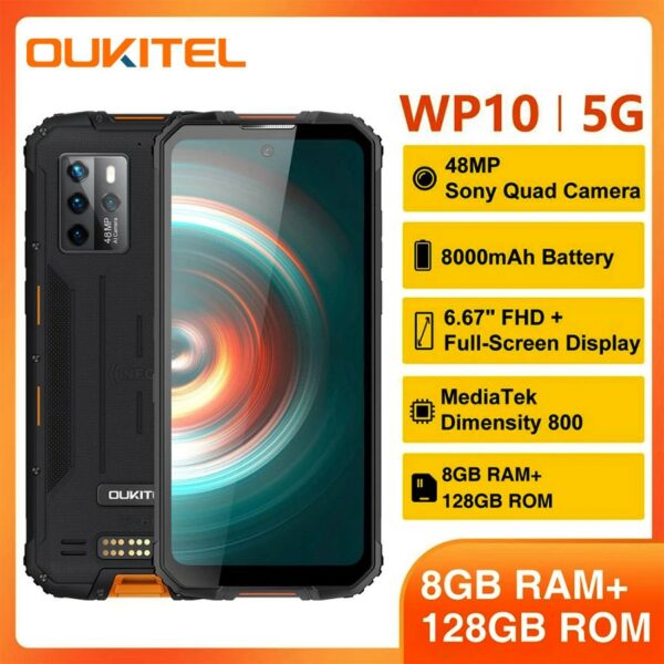 Global Version OUKITEL WP10 5G IP68 Waterproof Rugged Smartphone 8000mAh 8GB+128GB 48MP Camera 6.67'' FHD NFC Mobile Phone