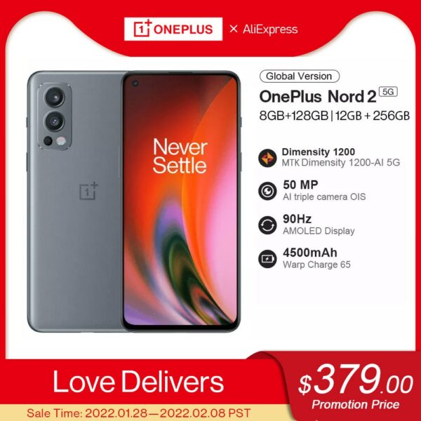 Global Version OnePlus Nord 2 5G 128GB/256GB MTK Dimensity 1200AI Smartphone 6.43” 90Hz AMOLED 50MP Triple Camera Warp Charge 65