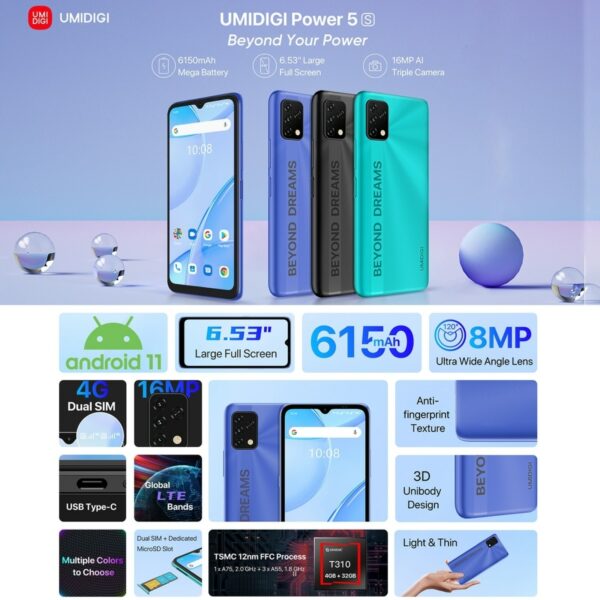 Global Version UMIDIGI Power 5S 4GB RAM 32GB/64GB ROM Smartphone 6150mAh 6.53" HD+ Mobile Phone Android 11 OTG 4G Cellphone - Image 2