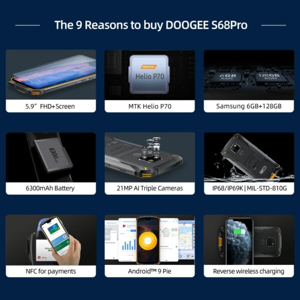 IP68 Waterproof DOOGEE S68 Pro Rugged Phone Wireless Charge NFC 6300mAh 12V2A Charge 5.9 inch FHD+ Helio P70 Octa Core 6GB 128GB - Image 2