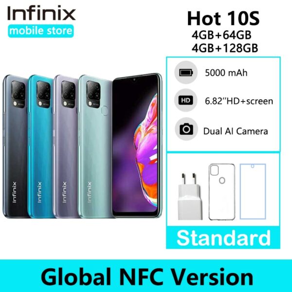 Infinix Hot 10S Global Version NFC Support 4GB 64GB 6.82'' Display Smartphone 5000mAh Battery Helio G85 48MP Triple Rear Camera