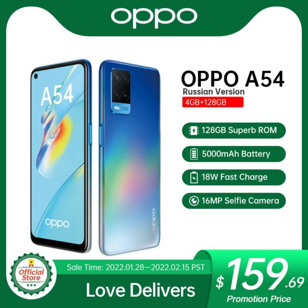 OPPO A54 4GB/128GB Octa Core MTK P35 Smartphone 6.51" Punch-Hole Screen IPX4 16MP Front Cam 5000mAh 18W Fast Charge Cell phones