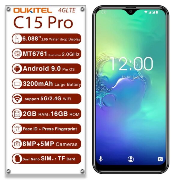 OUKITEL C15 Pro 4G LTE Smartphone 2G +16GB 3200Mah 6.088 HD Mobile Phone 8.0MP Camera Android 9.0 Cell Phone - Image 2