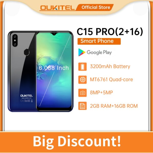 OUKITEL C15 Pro 4G LTE Smartphone 2G +16GB 3200Mah 6.088 HD Mobile Phone 8.0MP Camera Android 9.0 Cell Phone