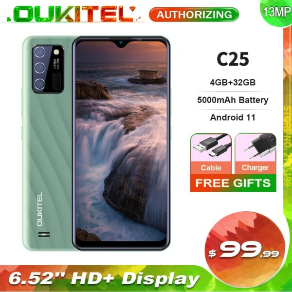 OUKITEL C25 6.52'' HD+ 4GB+32GB Android 11 Smartphone 5000mAh Battery 13MP Triple Rear Camera Mobile Phone