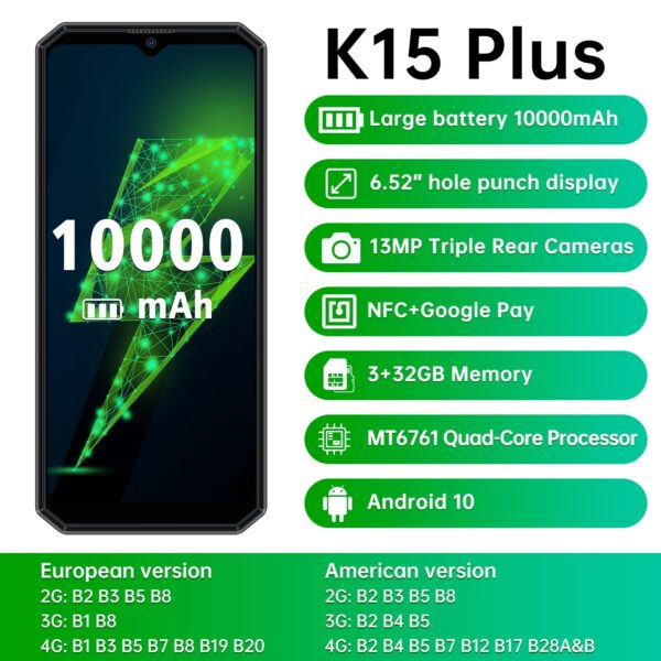 OUKITEL K15 Plus 10000mAh Android 10.0 Smartphone 3GB+32GB 6.52'' Display 13MP Triple Rear Cameras NFC Mobile Phone - Image 2