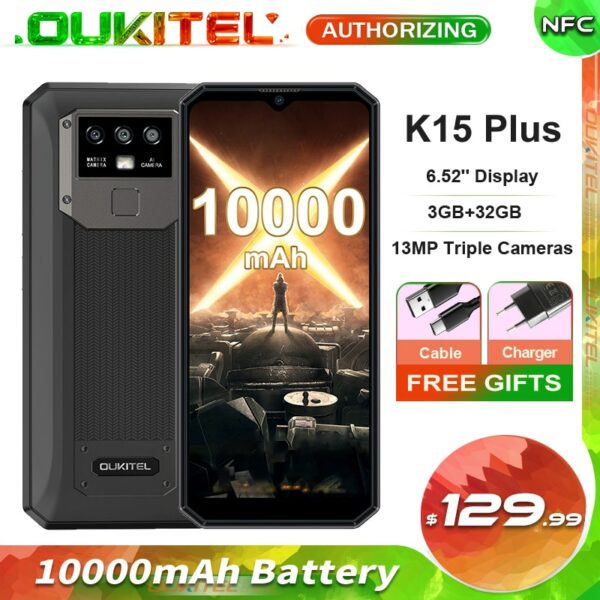 OUKITEL K15 Plus 10000mAh Android 10.0 Smartphone 3GB+32GB 6.52'' Display 13MP Triple Rear Cameras NFC Mobile Phone