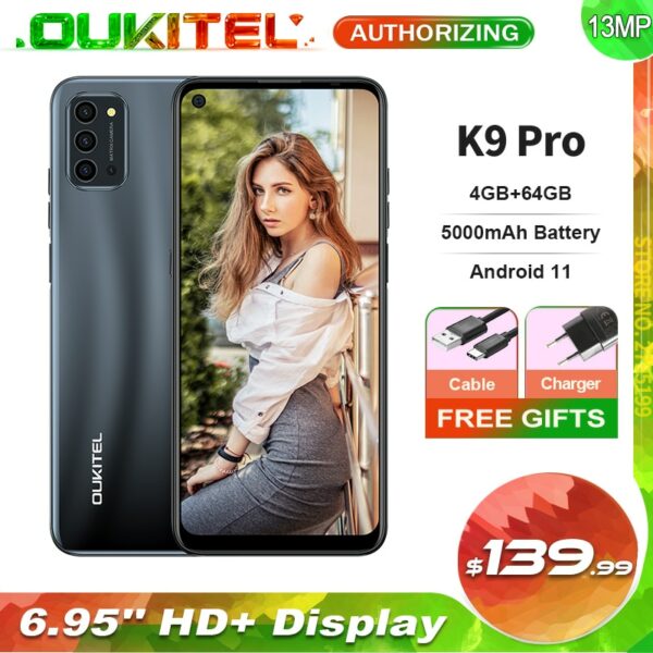 OUKITEL K9 Pro 6.95'' HD+ 4GB+64GB Android 11 Smartphone Helio A25 Octa Core 13MP Rear Camera 5000mAh Mobile Phone Fingerprint