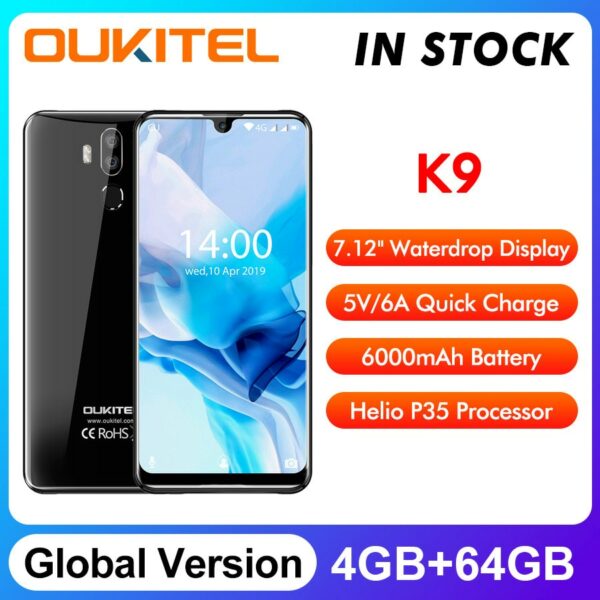 OUKITEL K9 Waterdrop 7.12" FHD+ 1080*2244 16MP+2MP/8MP Smartphone 4GB 64GB Face ID 6000mAh 5V/6A Quick Charge OTG Mobile Phone