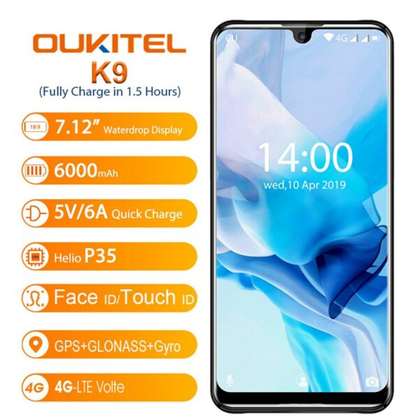 OUKITEL K9 Waterdrop 7.12" FHD+ 1080*2244 16MP+2MP/8MP Smartphone 4GB 64GB Face ID 6000mAh 5V/6A Quick Charge OTG Mobile Phone - Image 2