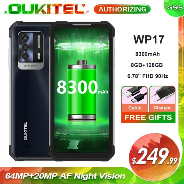 OUKITEL WP17 64MP+20MP AF Night Vision 6.78'' FHD 90Hz G95 IP68/69K Rugged Phone 8300mAh 8GB+128GB Global Bands Smartphone