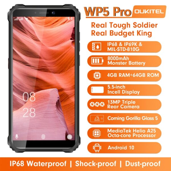 OUKITEL WP5 Pro IP68 Waterproof 5.5" FDD Smartphone Android 10.0 Mobile Phone 13MP Triple Cameras Face unlock 4GB 64GB 8000mAh - Image 2