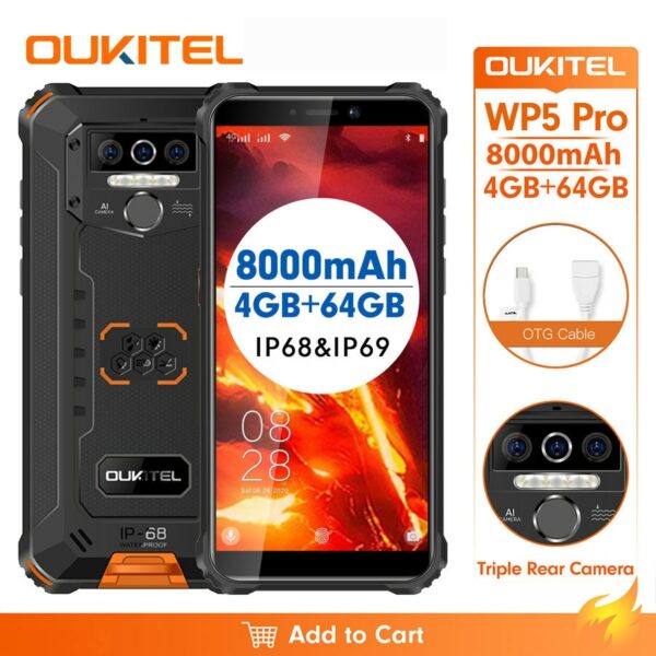 OUKITEL WP5 Pro IP68 Waterproof 5.5" FDD Smartphone Android 10.0 Mobile Phone 13MP Triple Cameras Face unlock 4GB 64GB 8000mAh