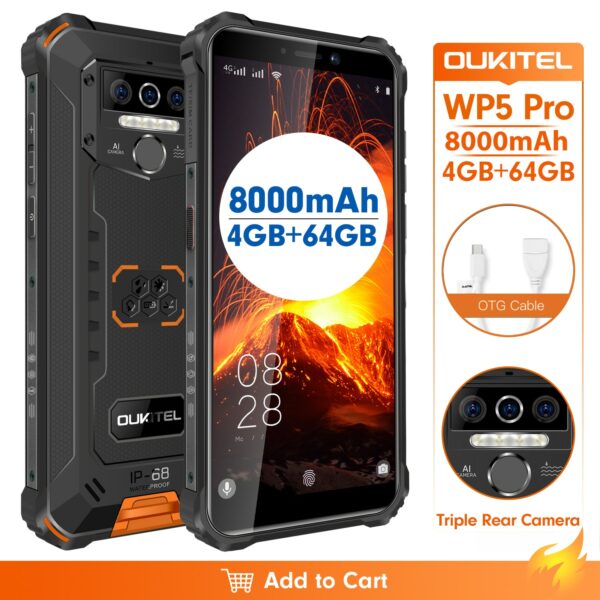 OUKITEL WP5 Pro Smartphone IP68 Waterproof 4GB 64GB Mobile Phone 8000mAh Android 10 Triple Camera Face/Fingerprint ID 5.5 inches - Image 2