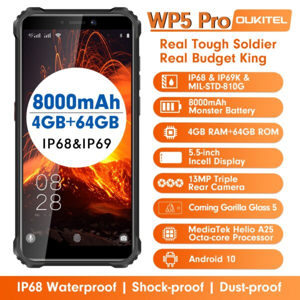 OUKITEL WP5 Pro Smartphone IP68 Waterproof 4GB 64GB Mobile Phone 8000mAh Android 10 Triple Camera Face/Fingerprint ID 5.5 inches