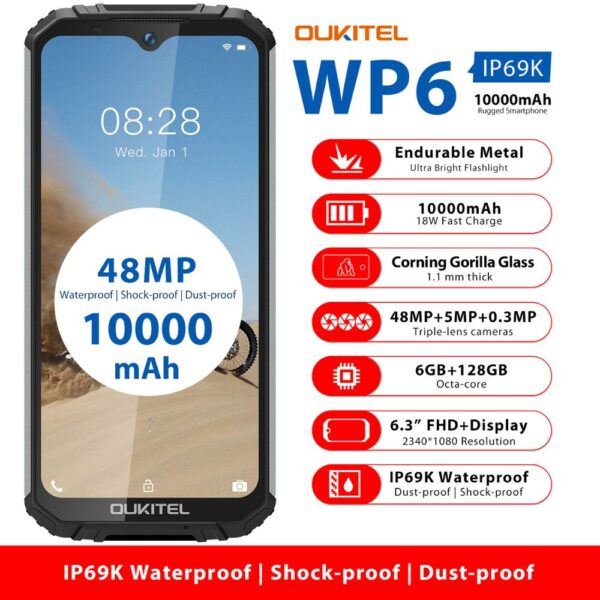 OUKITEL WP6 10000mAh 6.3'' FHD+ IP68 Waterproof Mobile Phone 6GB 128GB Octa Core 48MP Triple Cameras Rugged Smartphone - Image 2