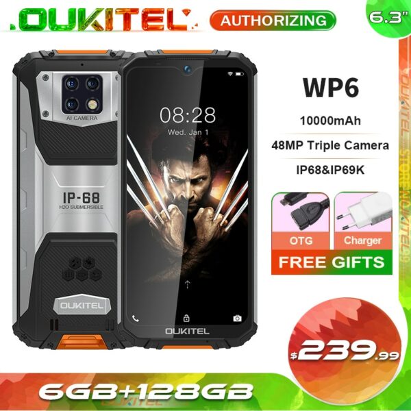 OUKITEL WP6 10000mAh 6.3'' FHD+ IP68 Waterproof Mobile Phone 6GB 128GB Octa Core 48MP Triple Cameras Rugged Smartphone