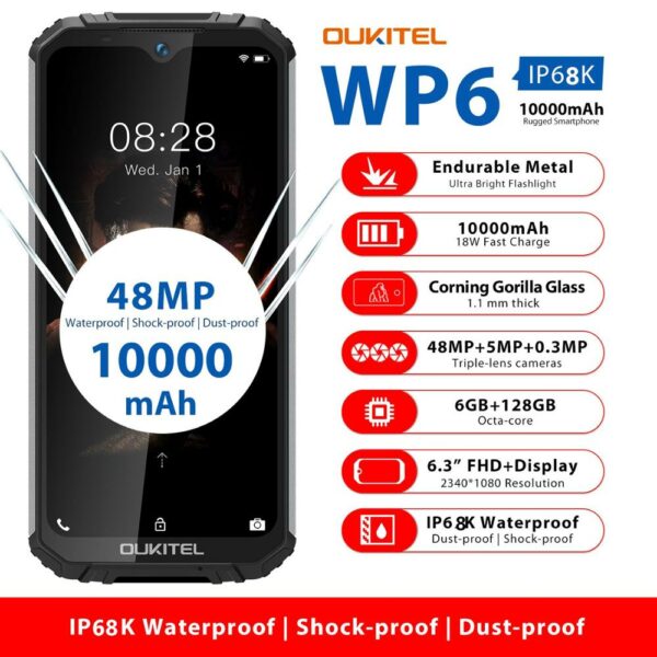 OUKITEL WP6 6GB 128GB 10000mAh Smartphone 6.3'' FHD Waterproof Mobile Phone Octa Core 48MP Triple Cameras Rugged phone - Image 2