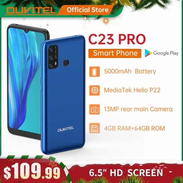 Oukitel C23 pro 4G LTE Smartphone 4GB+64GB 6.53"+HD 5000mAh MT6762V/WB Android 10.0 Mobile phone 8PM/13PM Camera Cell Phone