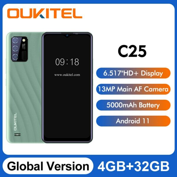 Oukitel C25 Smartphone 6.52 "HD+ 5000mAh Android11 4GB+32GB Mobile Phone 13M Triple Rear Camera Cell Phone Global Version